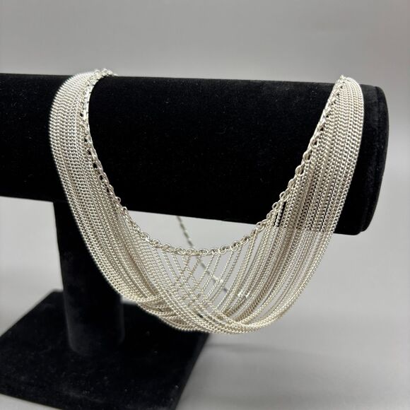 Sterling Silver 925 Multi Strand Layered Waterfall Drape Necklace 24g 18" Curb - Picture 8 of 8
